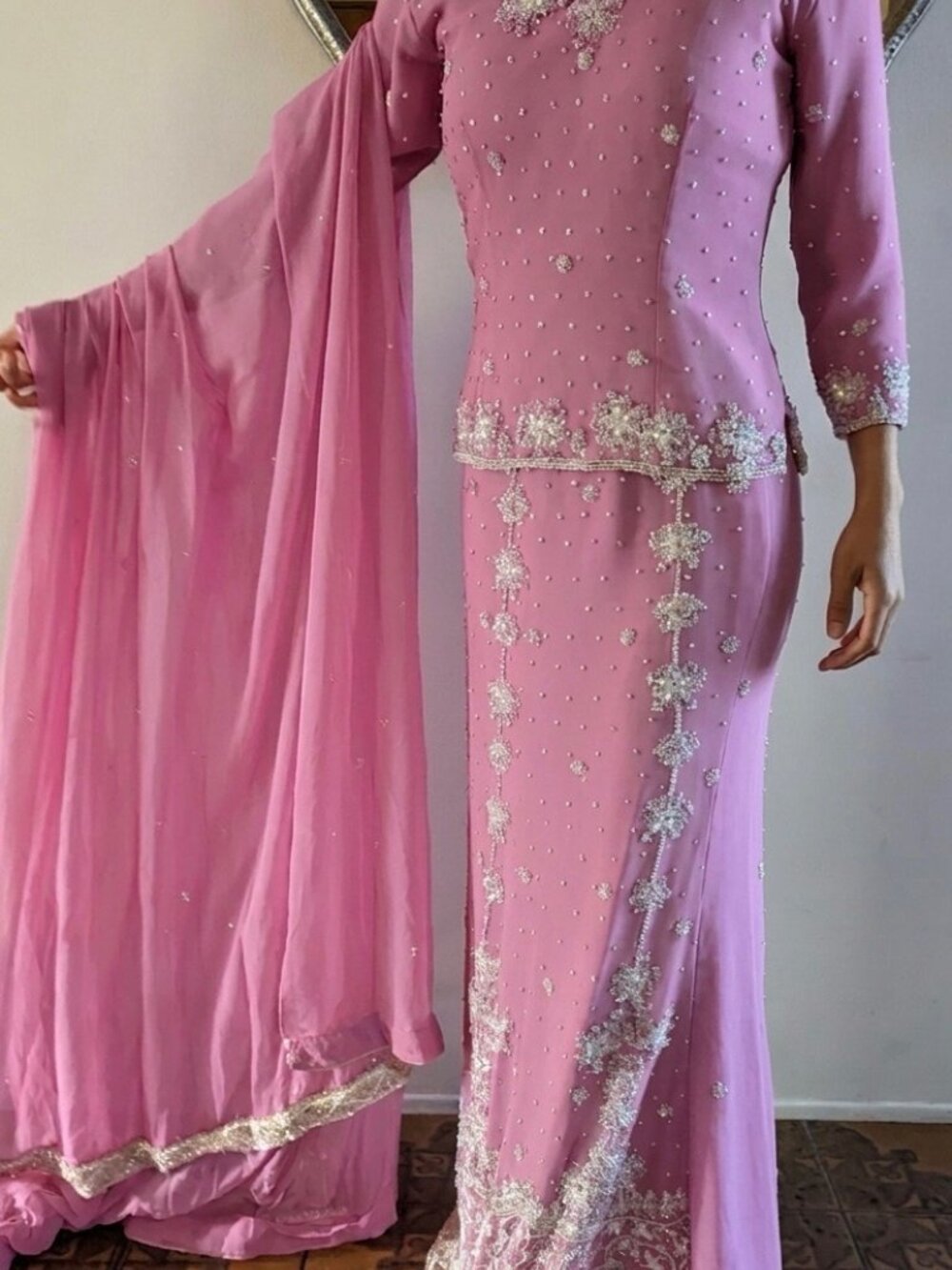 CORAL PINK SILK AND CRYSTAL LEHENGA WEDDING WEAR